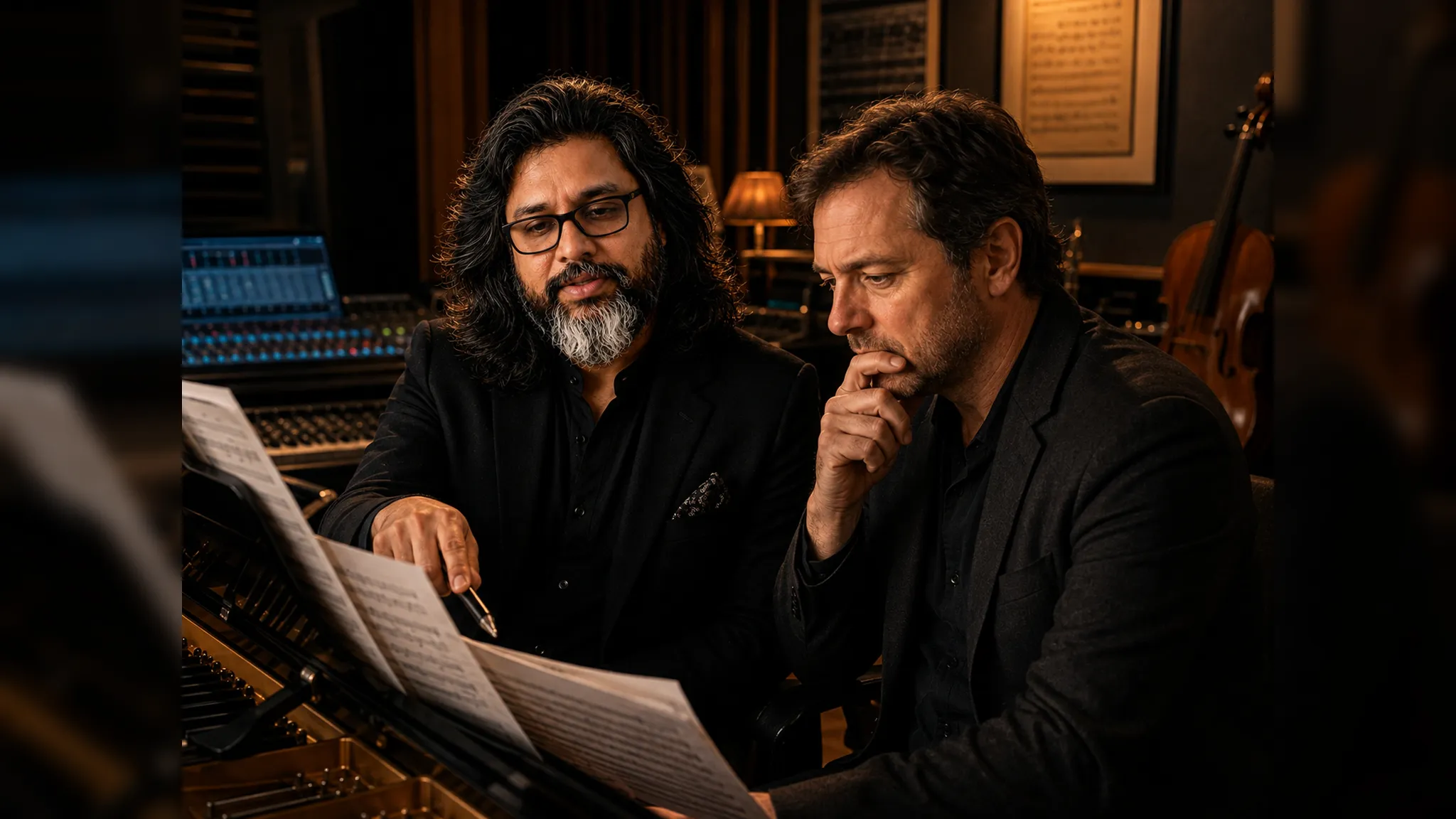 Two creators discussing music ideas in a studio